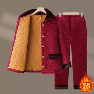 新款 两件套奶奶装 加绒加厚套装 灯芯绒棉衣棉裤 女中年妈妈装 冬季
