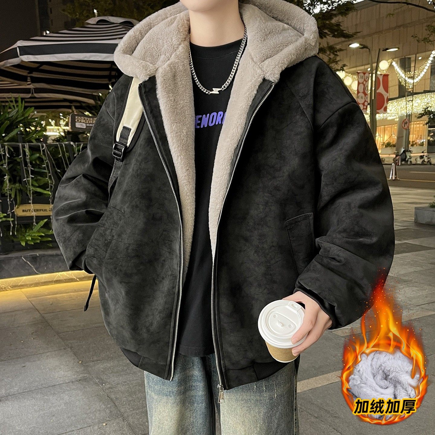 冬季青少年加绒棉衣夹克男生潮流时尚加厚保暖设计感棉服外套上衣,运动服/休闲服装,运动套装,淘宝优惠券,粉丝福利购,淘宝优惠卷