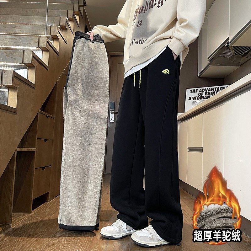 加绒裤子男冬季初中学生加厚羊羔绒保暖休闲裤青少年大童运动长裤