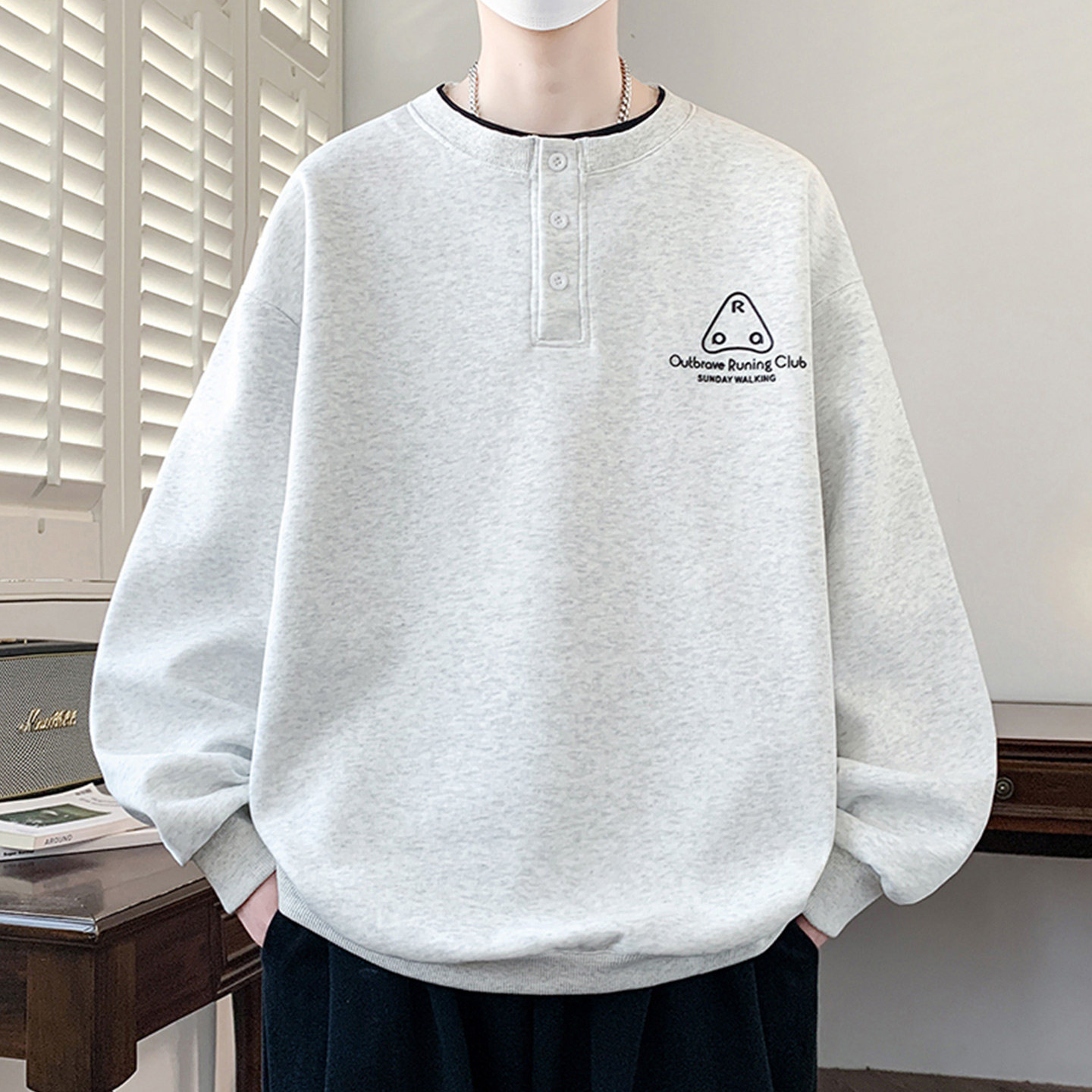 假两件圆领卫衣男士春秋季初高中学生青少年打底衫潮流宽松上衣服