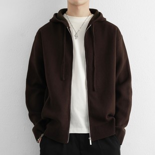 纯棉连帽毛衣外套男高级感春秋季潮针织开衫夹克宽松慵懒风羊毛衫