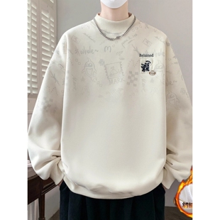 半高领加绒加厚卫衣男款秋冬季潮牌卡通动漫青少年内搭打底衫上衣