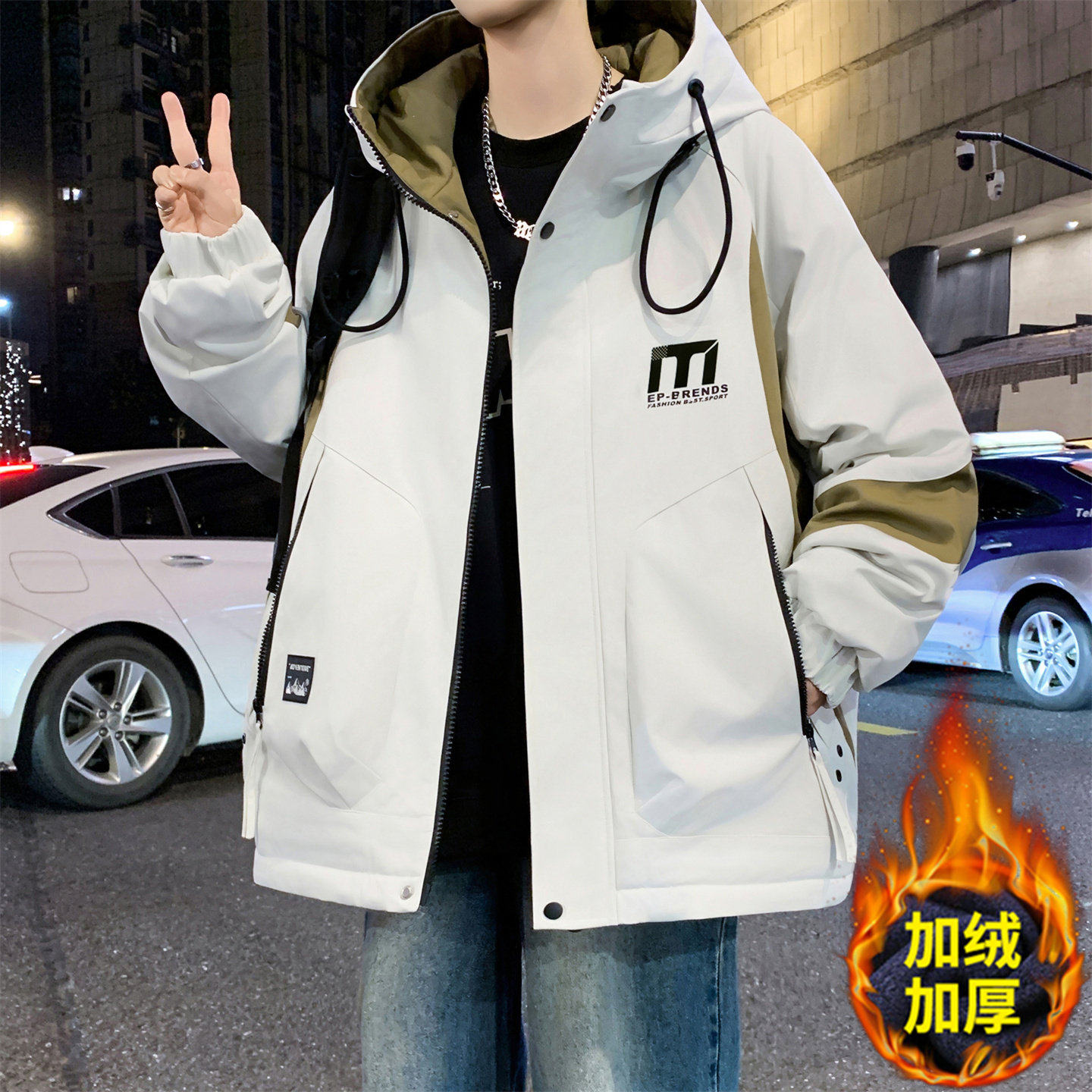 秋冬季加绒加厚外套男初中高中学生冲锋衣夹克青少年大童冬装棉服