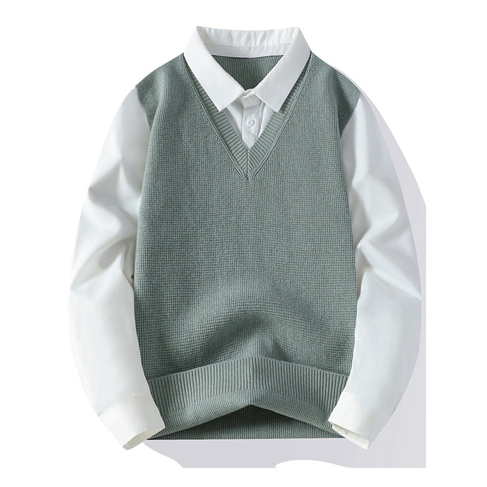 白色衬衫领毛衣男秋冬款假两件针织衫男士打底衫高级感毛线衣外套