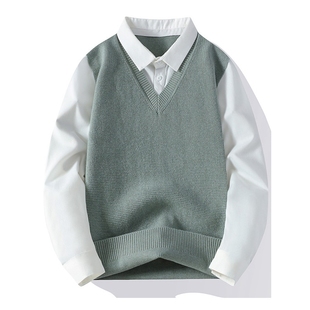 白色衬衫领毛衣男秋冬款假两件针织衫男士打底衫高级感毛线衣外套
