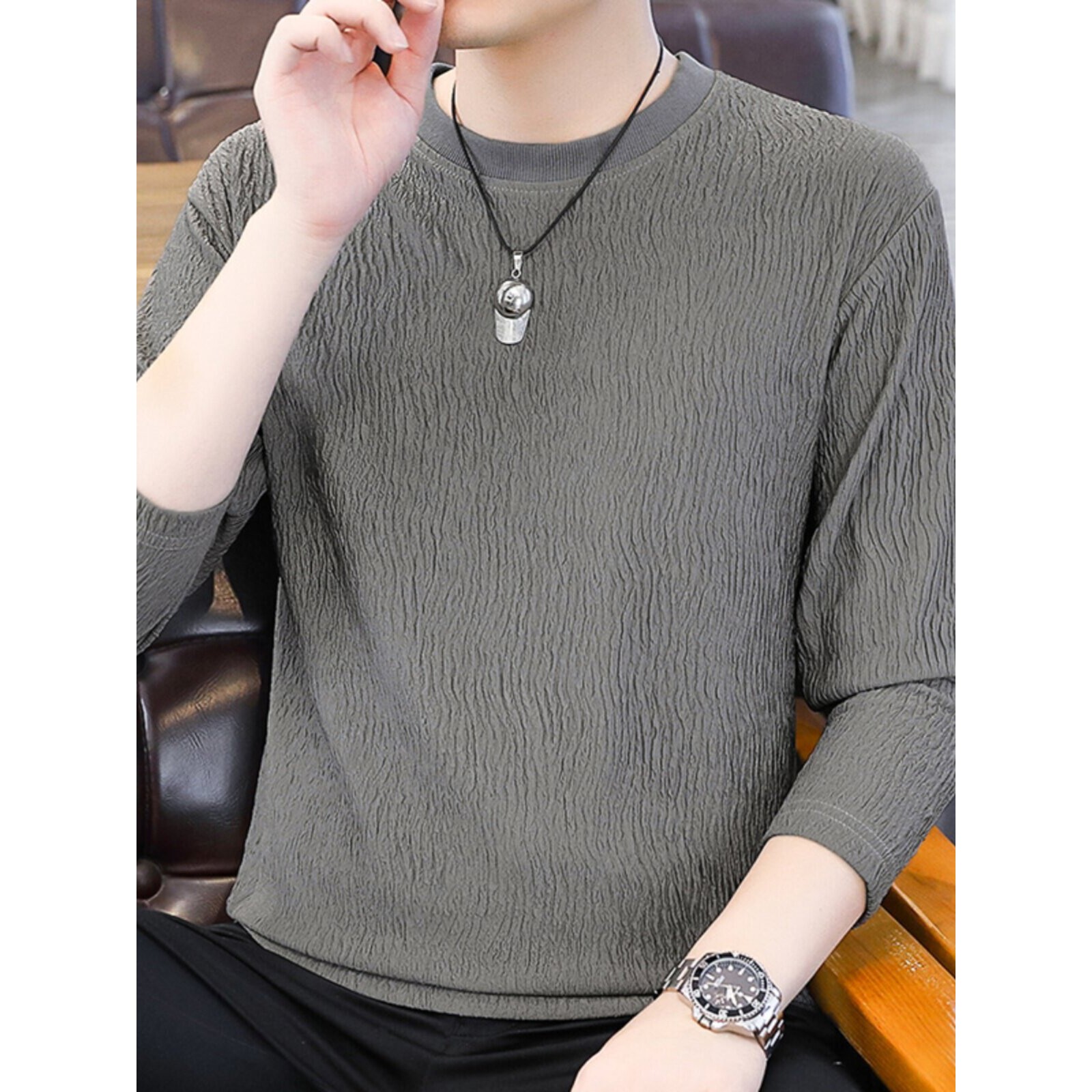 薄款长袖t恤男春秋季圆领内搭打底衫夏季高级感褶皱休闲冰丝上衣