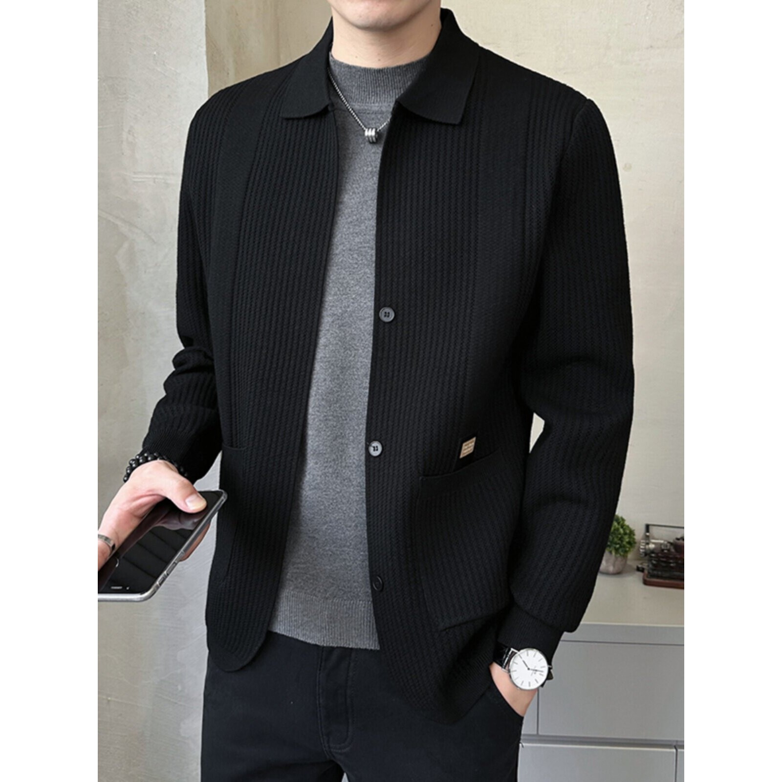 翻领外套男士开衫毛衣2026春季新款百搭修身外穿针织衫夹克男春装