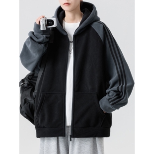 摇粒绒外套男春秋冬季运动风条纹夹克男生潮牌青少年抓绒开衫卫衣