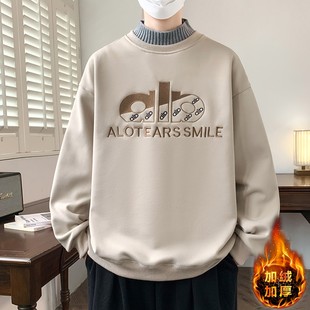 半高领加绒加厚卫衣男秋冬季青少年保暖打底衫男款潮牌针织领上衣