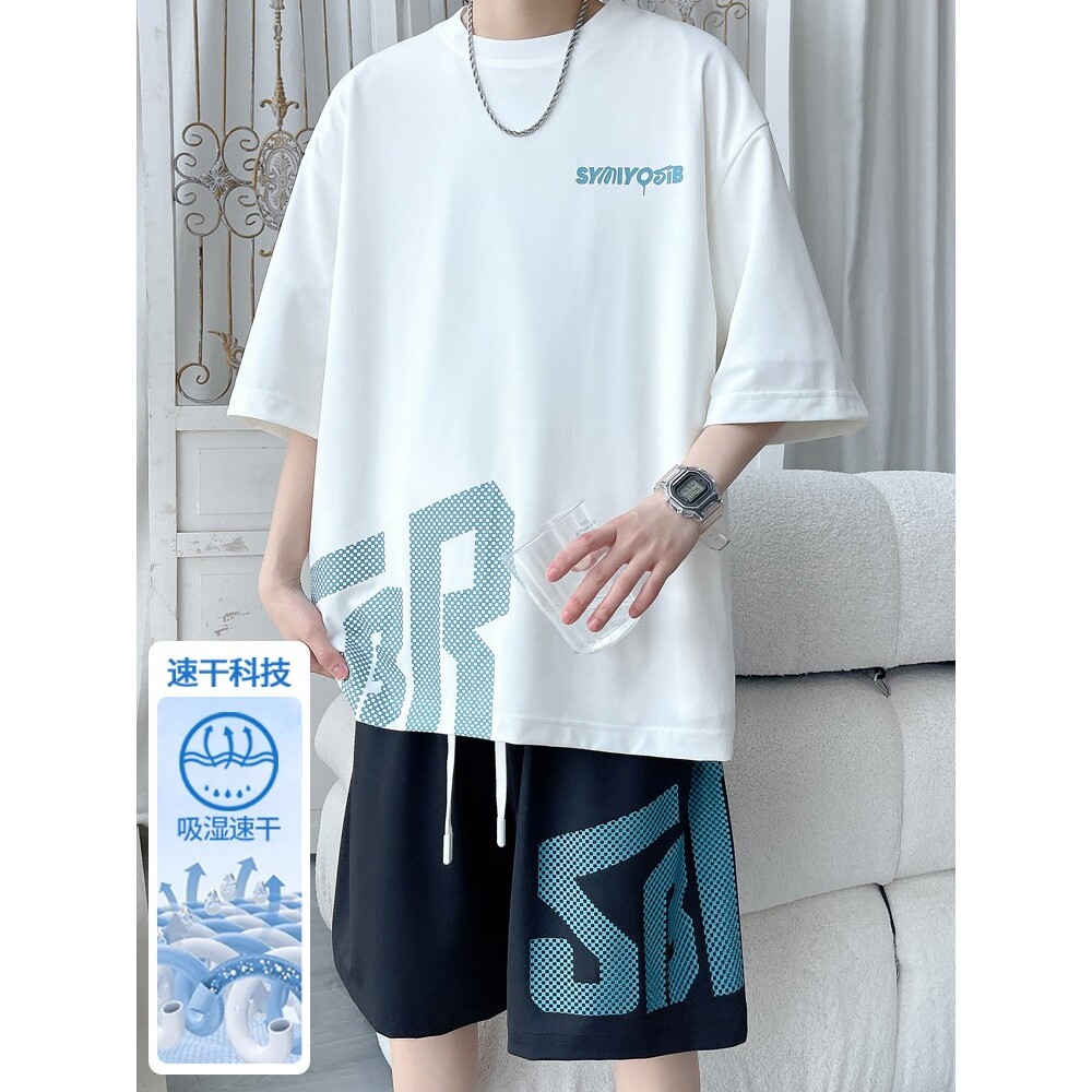 冰丝凉感短袖T恤男套装2026新款t夏季运动休闲五分短裤男装两件套