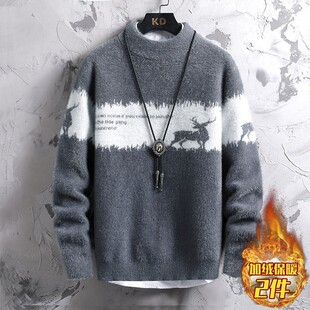 男士毛衣秋冬季新款加绒半高领青年针织衫慵懒风保暖毛线衣服冬装