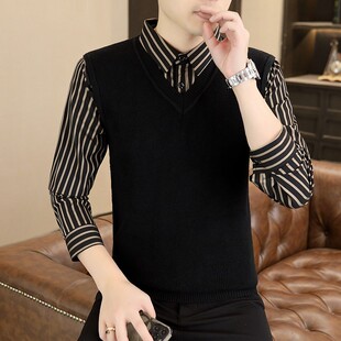 男士2025秋季新款针织衫假两件衬衫领内搭衬衣中青年商务马家毛衣