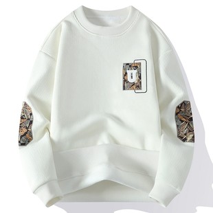 拼接卫衣男士秋冬季加绒加厚圆领内搭打底衫重磅刺绣男款保暖衣服