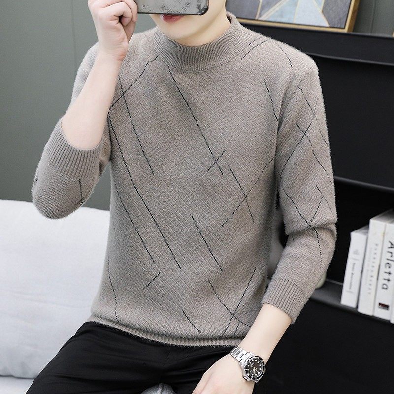 水貂绒毛衣男款半高领秋冬季打底针织衫内搭加绒加厚保暖冬装衣服