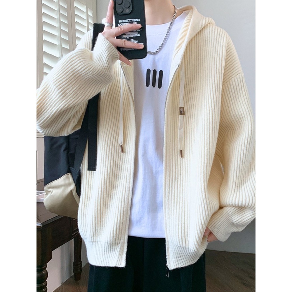 开衫毛衣外套男秋冬季加厚保暖连帽夹克男潮牌休闲宽松白色针织衫