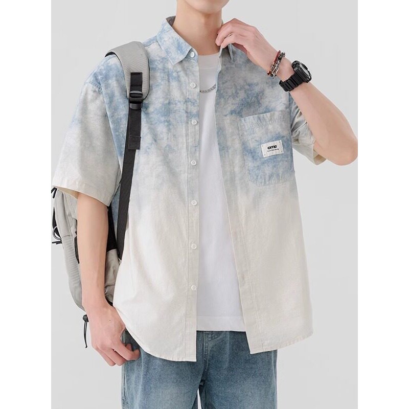 纯棉短袖衬衫男款夏季冰感薄款五分袖衬衣潮流渐变色半袖寸衫外套
