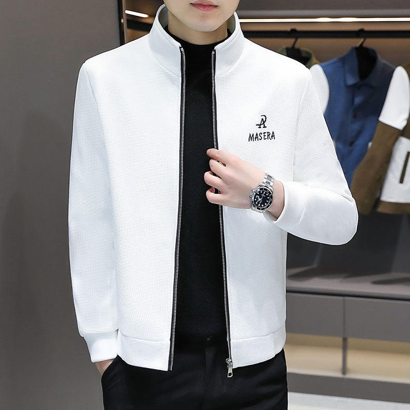 2025春秋季新款衣服男士白色休闲夹克潮流立领上衣时尚华夫格外套
