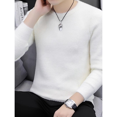 男士毛衣秋冬季加绒加厚仿水貂绒针织衫潮牌低领内搭毛绒打底线衣