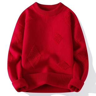圆领毛衣男款秋冬季红色宽松打底衫休闲潮流本命年长袖男生上衣服