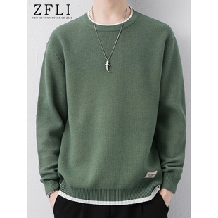 绿色毛衣男秋冬季潮牌纯色圆领线衣保暖打底衫男生冬装男士针织衫