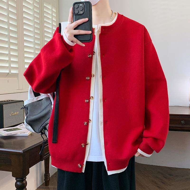 韩版高级感假两件针织开衫男士秋冬季潮流休闲大红色本命毛衣外套