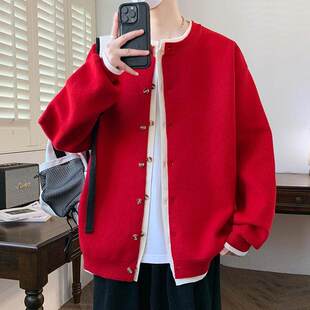 韩版高级感假两件针织开衫男士秋冬季潮流休闲大红色本命毛衣外套