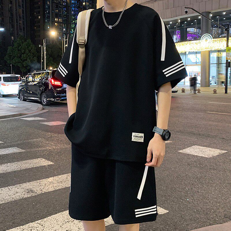 休闲运动套装男夏季短袖t恤男黑色半袖男体恤青少年一套帅气搭配T
