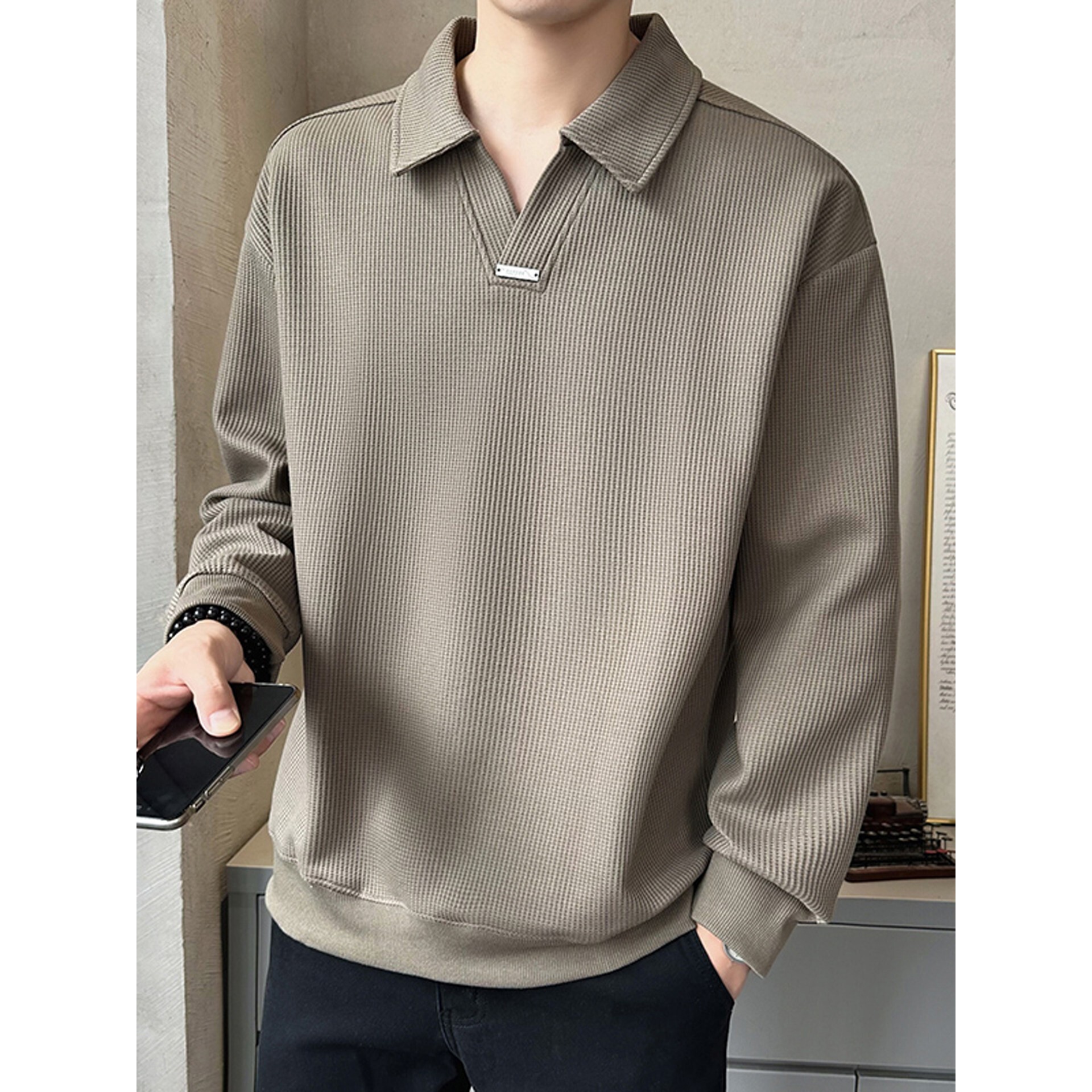 polo衫卫衣男春秋季高级感潮牌纯色简约宽松翻领长袖t恤男士上衣