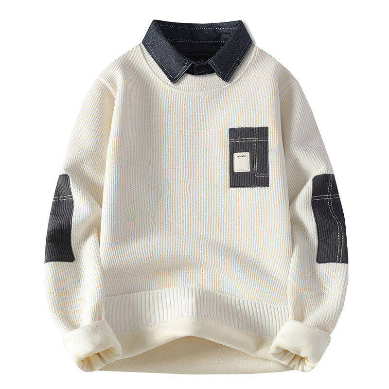 假两件毛衣男秋冬季加绒加厚衬衫领针织衫休闲帅气内搭毛线衣外套