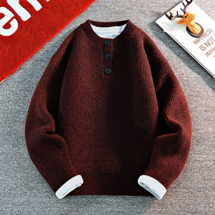 美式复古亨利领毛衣男士秋冬款宽松加厚针织衫潮上衣外套安哥拉红