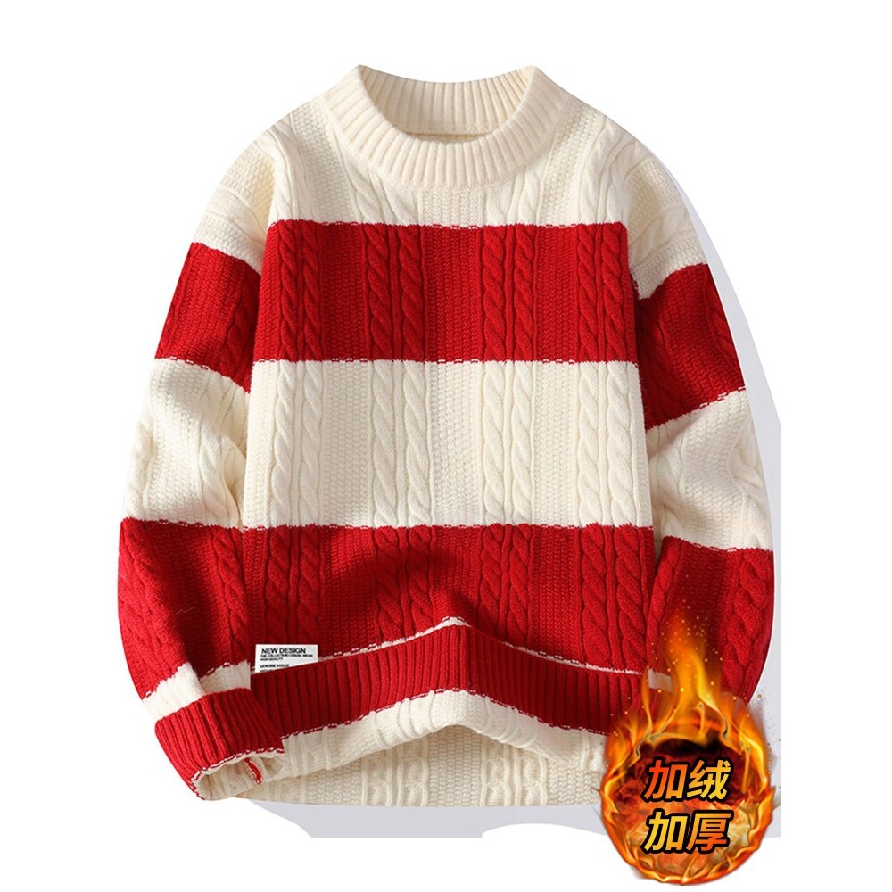 红色毛衣男冬季2025新款加绒加厚圆领针织衫男士保暖条纹情侣线衣