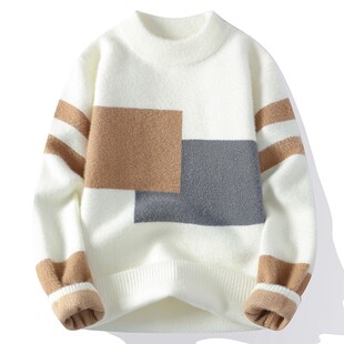 水貂绒软糯毛衣男士秋冬季加厚宽松半高领针织衫冬天男装保暖线衣