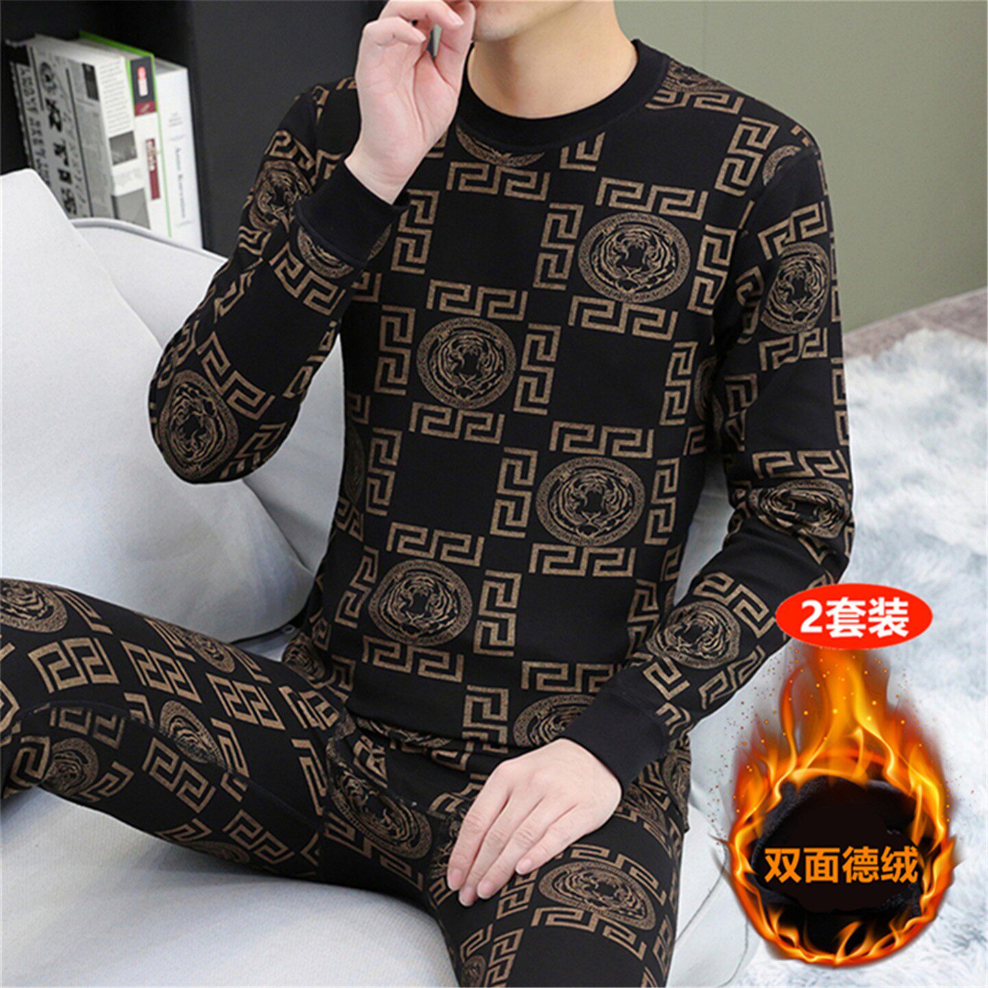 【高档纯棉套装】2025秋冬新款男士保暖内衣加绒加厚潮流秋衣秋裤