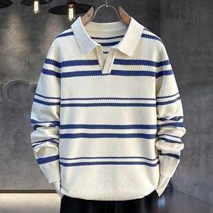 polo衫 卫衣翻领长袖 薄款 秋季 领毛衣 针织衫 上衣学院风条纹衬衫 男款