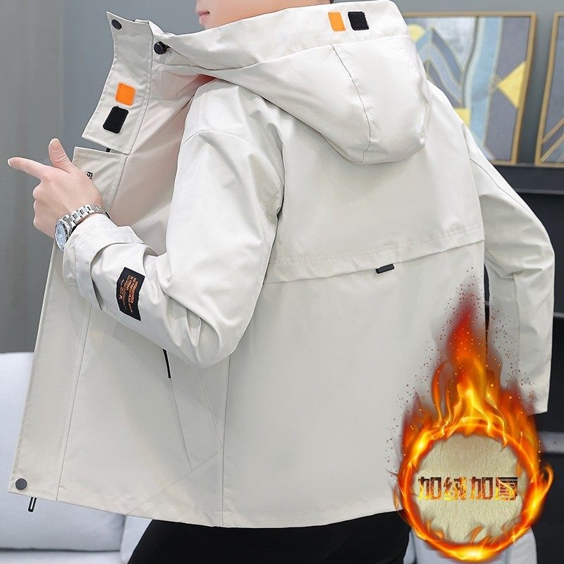 加绒外套男士夹克秋冬季潮流帅气修身加厚青年连帽防寒保暖上衣服