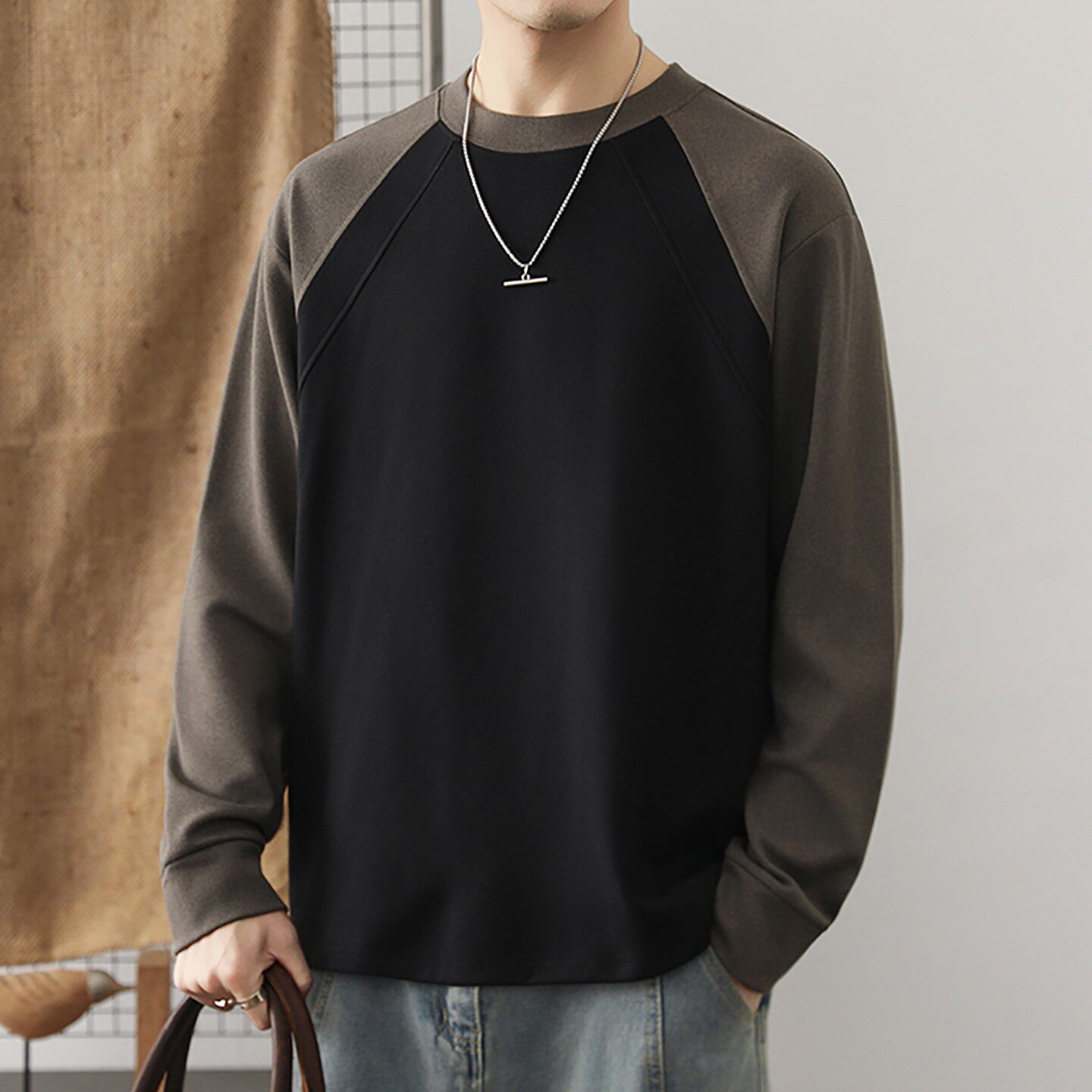 德绒打底衫男加绒加厚长袖t恤宽松拼接上衣内搭保暖内衣休闲体恤