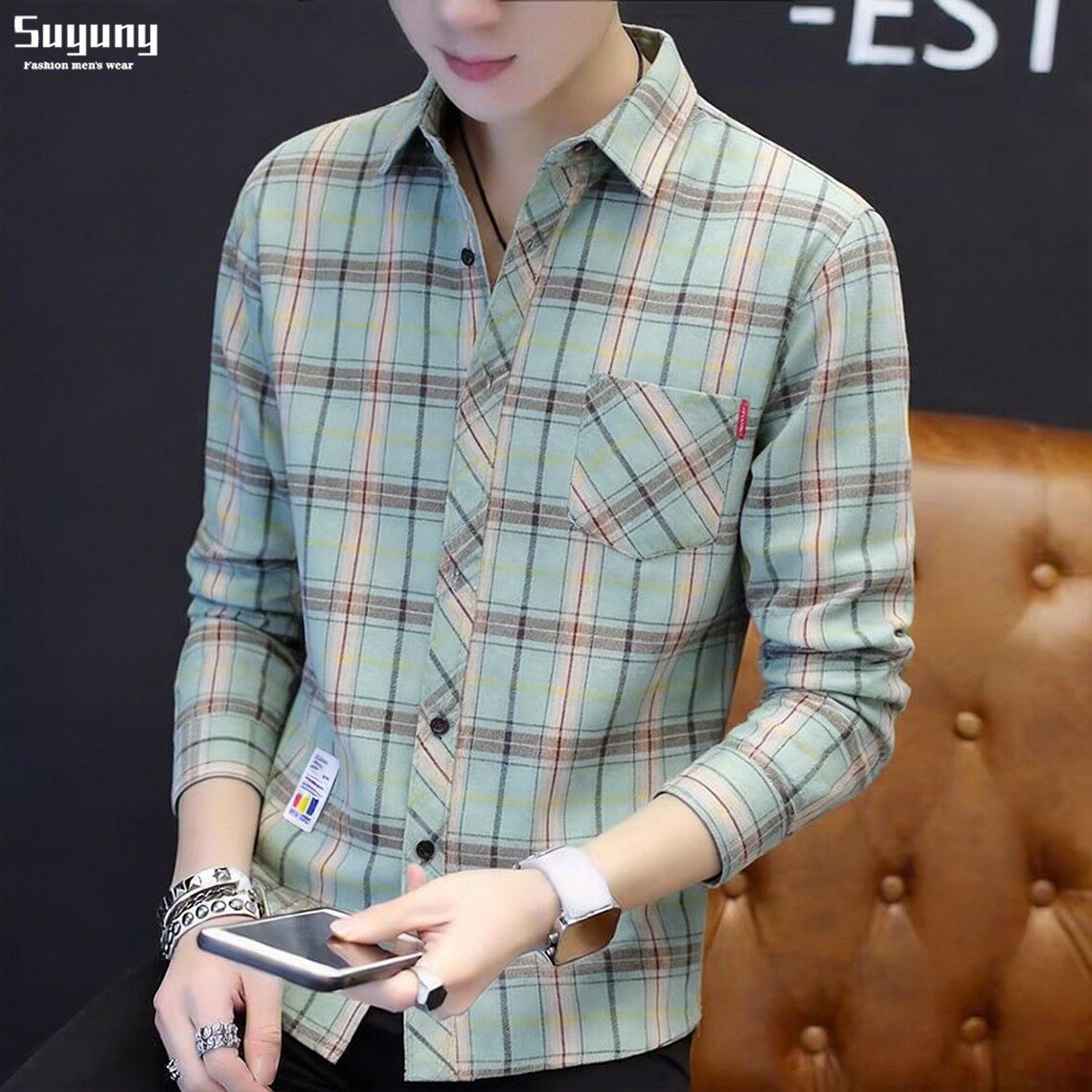 春秋季2026新款格子长袖衬衫男式宽松休闲工装衬衣外套春装上衣服