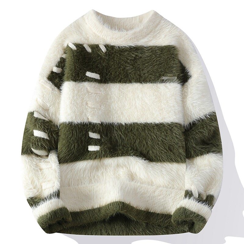 条纹毛衣男秋冬季线衣青少年潮牌加绒加厚保暖男款内搭打底针织衫