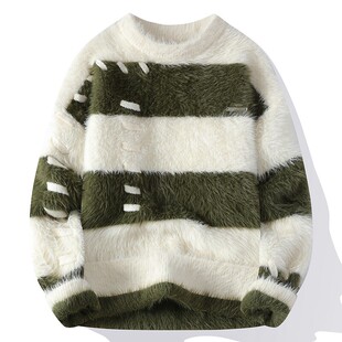 条纹毛衣男秋冬季线衣青少年潮牌加绒加厚保暖男款内搭打底针织衫