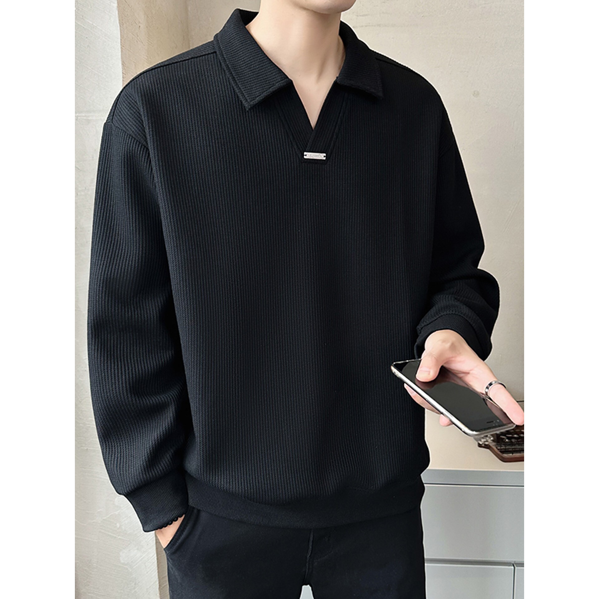 高级感polo衫卫衣男春秋季新款潮牌纯色简约宽松重磅翻领长袖上衣