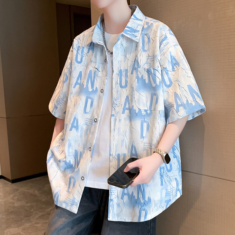 冰丝短袖衬衫男五分半袖衬衣青少年帅气夏天海边外套夏季沙滩印花