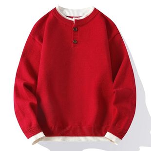 红色本命年毛衣男款冬季V领开叉马年衣服加厚亨利领假两件针织衫