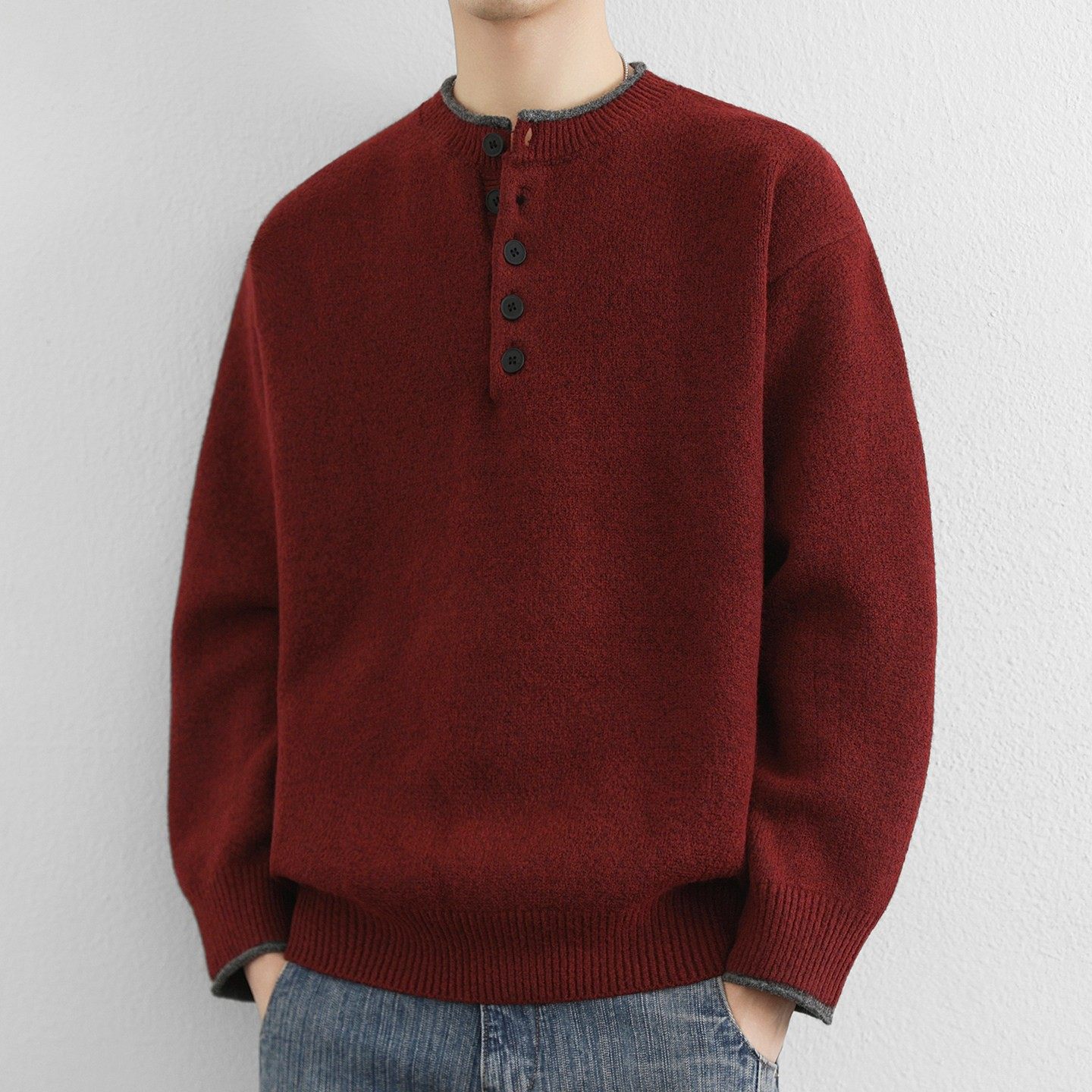 酒红色亨利领撞色毛衣男冬季新款老钱风厚实复古高级感宽松针织衫,户外/登山/野营/旅行用品,作训外套/套装/野战套装,淘宝优惠券,粉丝福利购,淘宝优惠卷