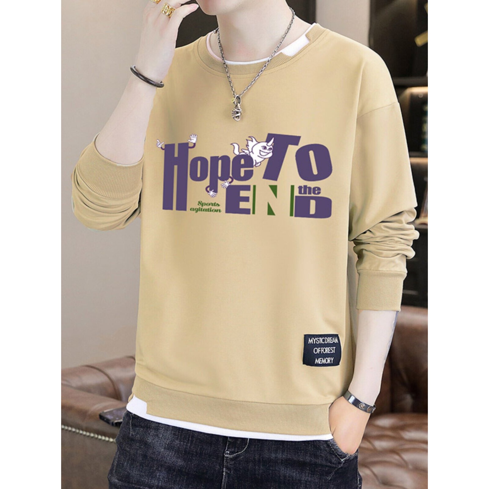 春秋季新款青少年长袖t恤男士卫衣初中高中学生大童春装圆领上衣