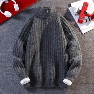 半拉链羊毛混纺立领毛衣男冬季宽松肌理感高领加厚慵懒风针织外套