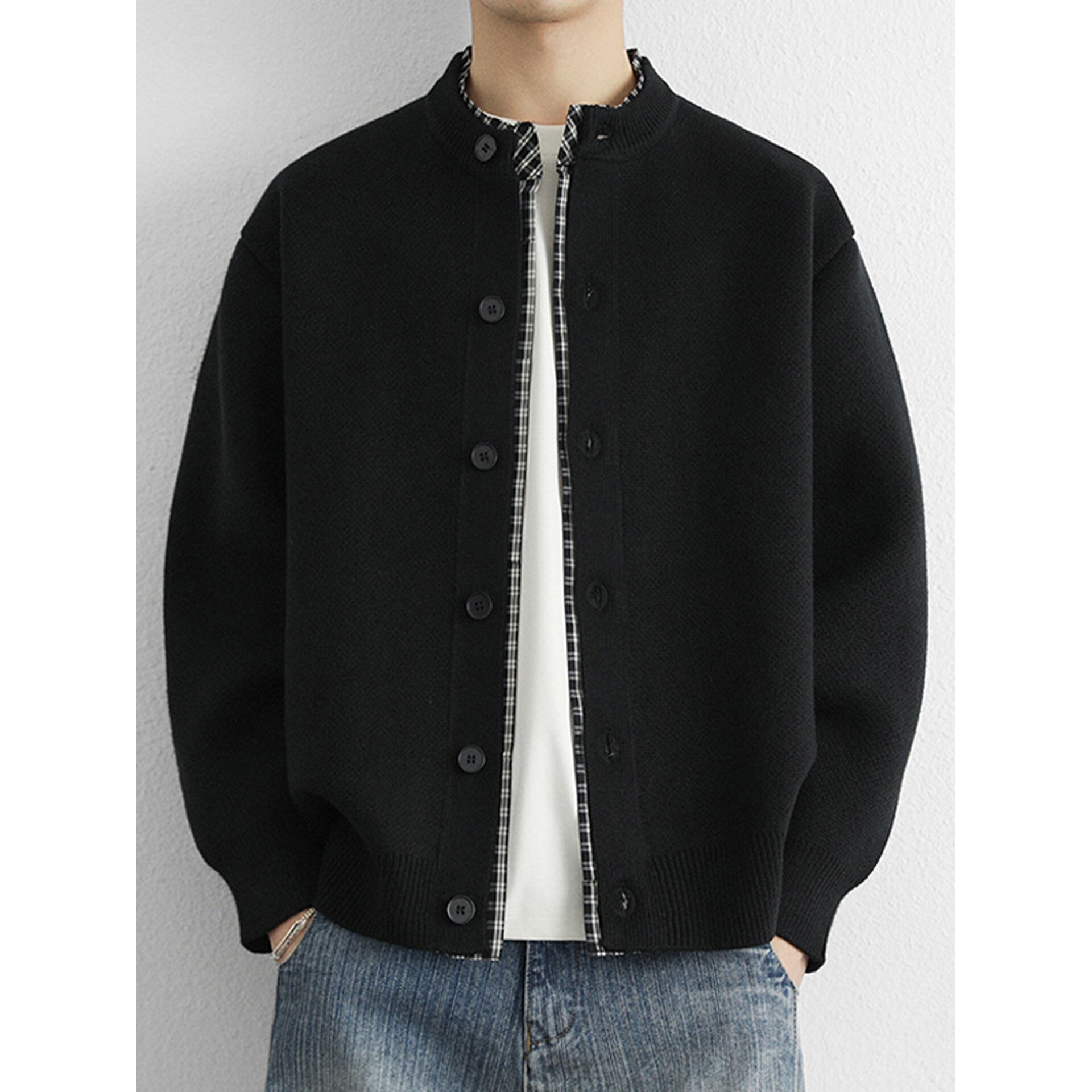 高级感假两件开衫针织衫男春秋季新款潮牌拼接休闲慵懒风毛衣外套