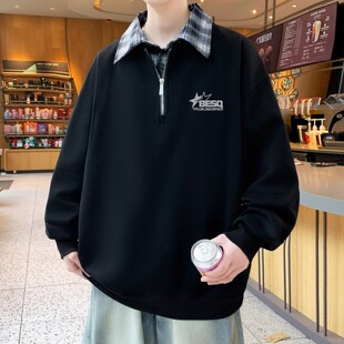 翻领长袖 黑色假两件撞色拼接卫衣男款 半拉链polo衫 美式 t恤 春秋季