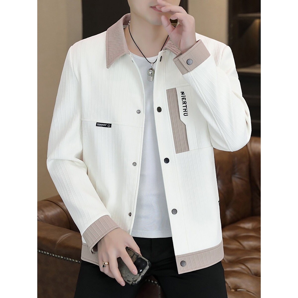 春秋季翻领夹克男韩版修身痞帅高端拼色短款毛呢外套春装上衣青年