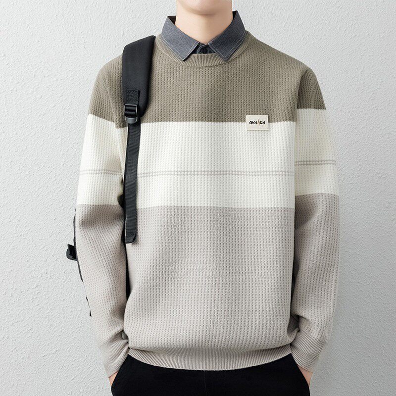 假两件毛衣男士高级感秋冬季撞色毛线衣男款衬衫领加绒加厚针织衫