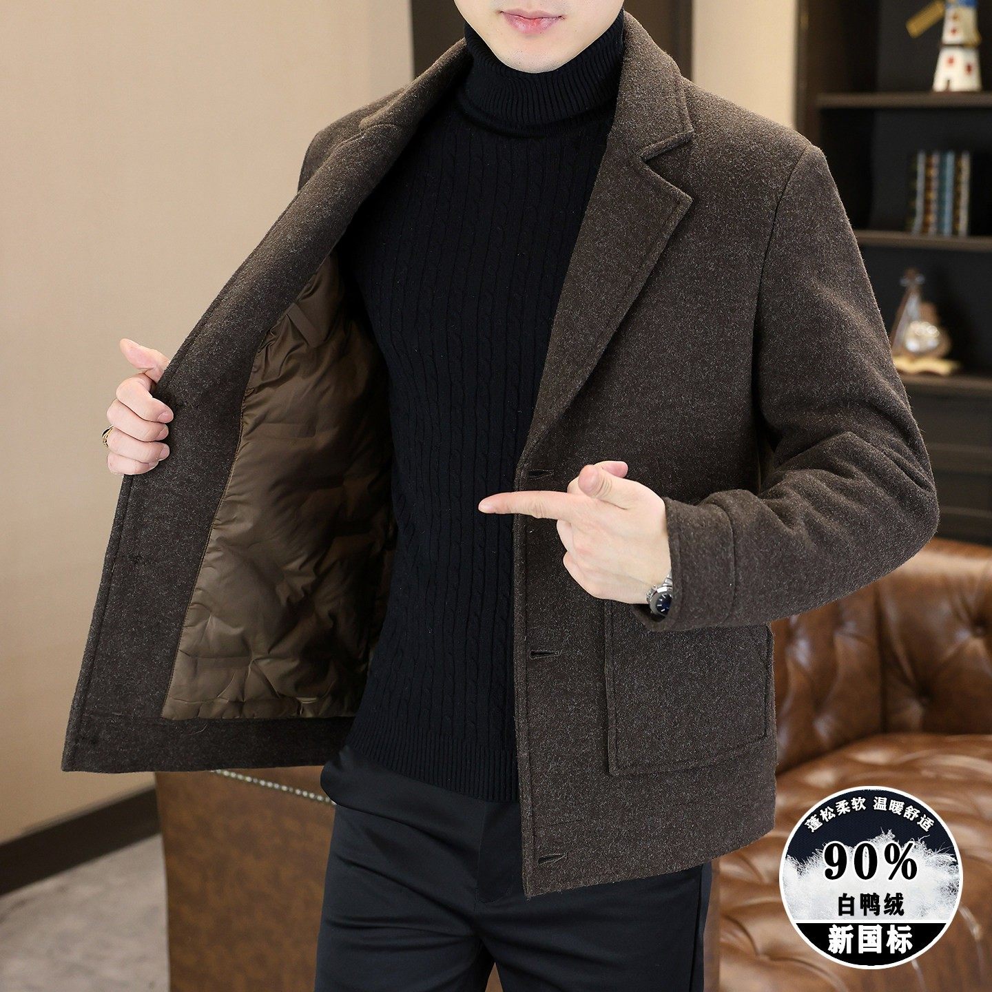 男士羽绒服国标冬季2025新款潮流休闲西装领短款男装毛呢大衣外套